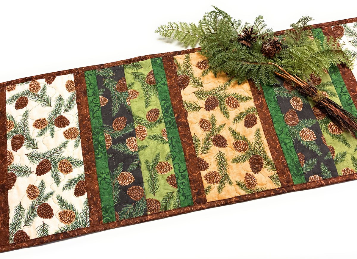 Pine Cones Rustic Quilted Dining Coffee Table Runner 14x64" Fall Christmas Mountain Handmade