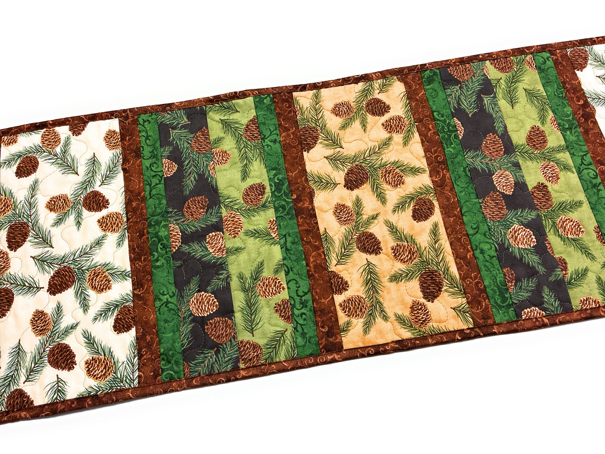 Pine Cones Rustic Quilted Dining Coffee Table Runner 14x64" Fall Christmas Mountain Handmade