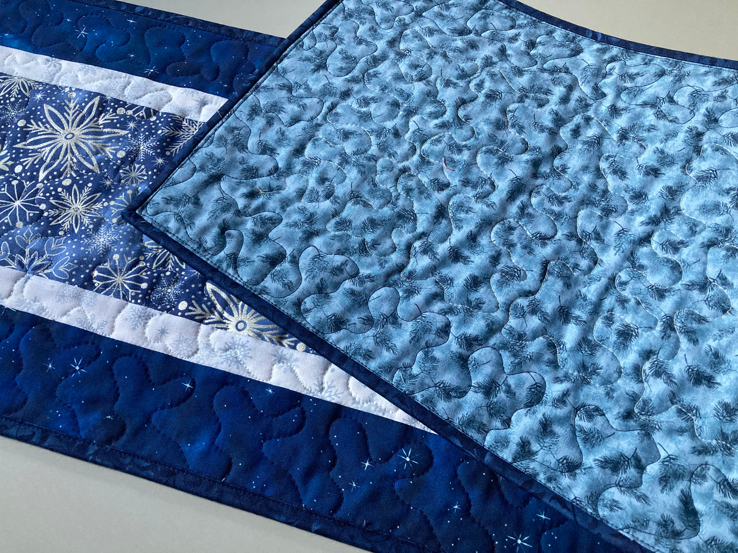 Blue Silver Snowflakes Winter Table Runner Quilted 13x48", Hanukkah Reversible Dining Coffee Table, Holiday Dresser Scarf Square