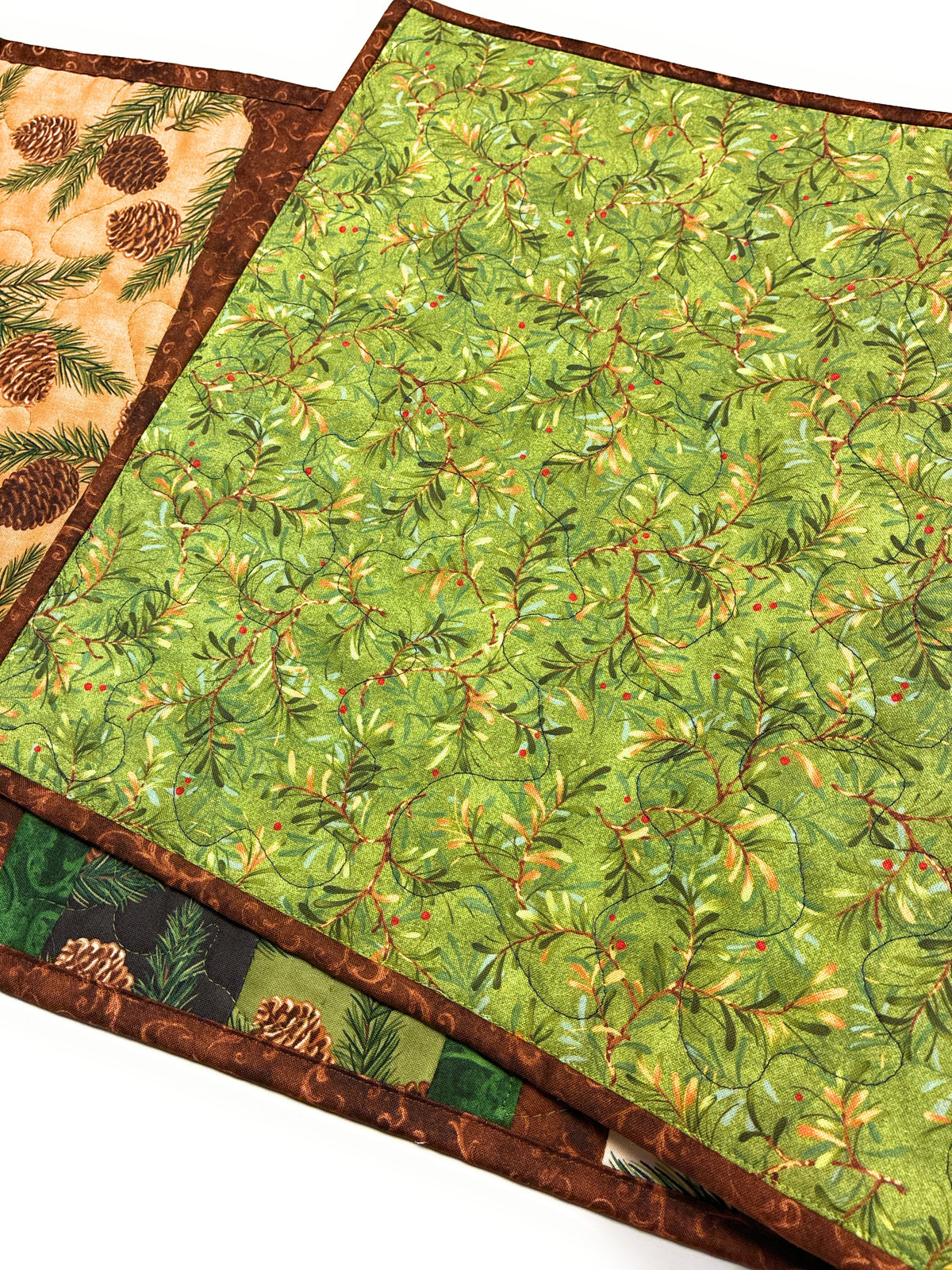 Pine Cones Rustic Quilted Dining Coffee Table Runner 14x64" Fall Christmas Mountain Handmade