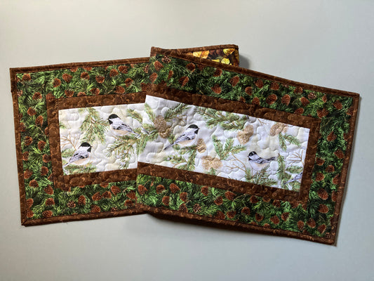 Pine Cone Mountain Chickadees Quilted Table Runner, 13x48", Reversible Fall Birds Buffet Coffee Dining Table Decor Winter Christmas Everyday