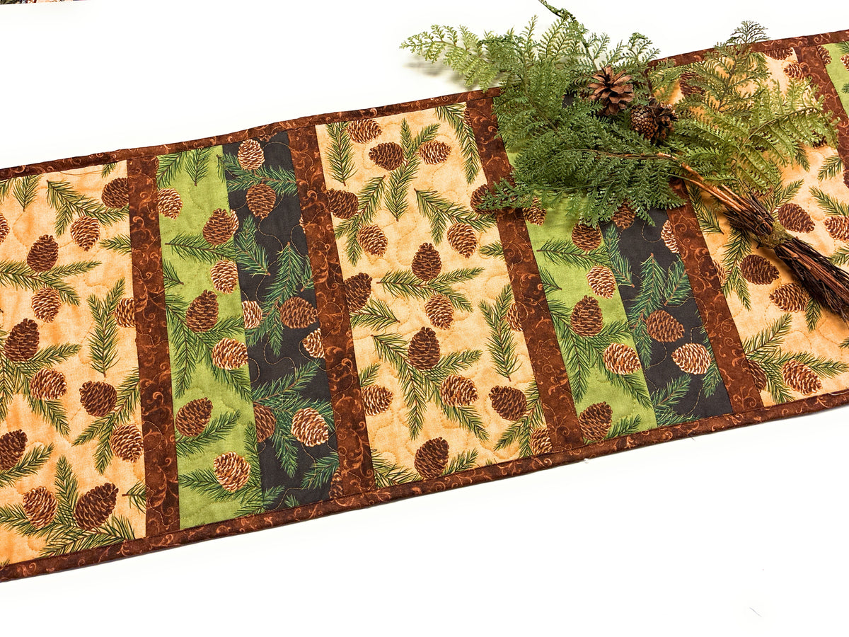 Pine Cones Rustic Quilted Dining Coffee Table Runner 14x54" Fall Christmas Mountain Handmade