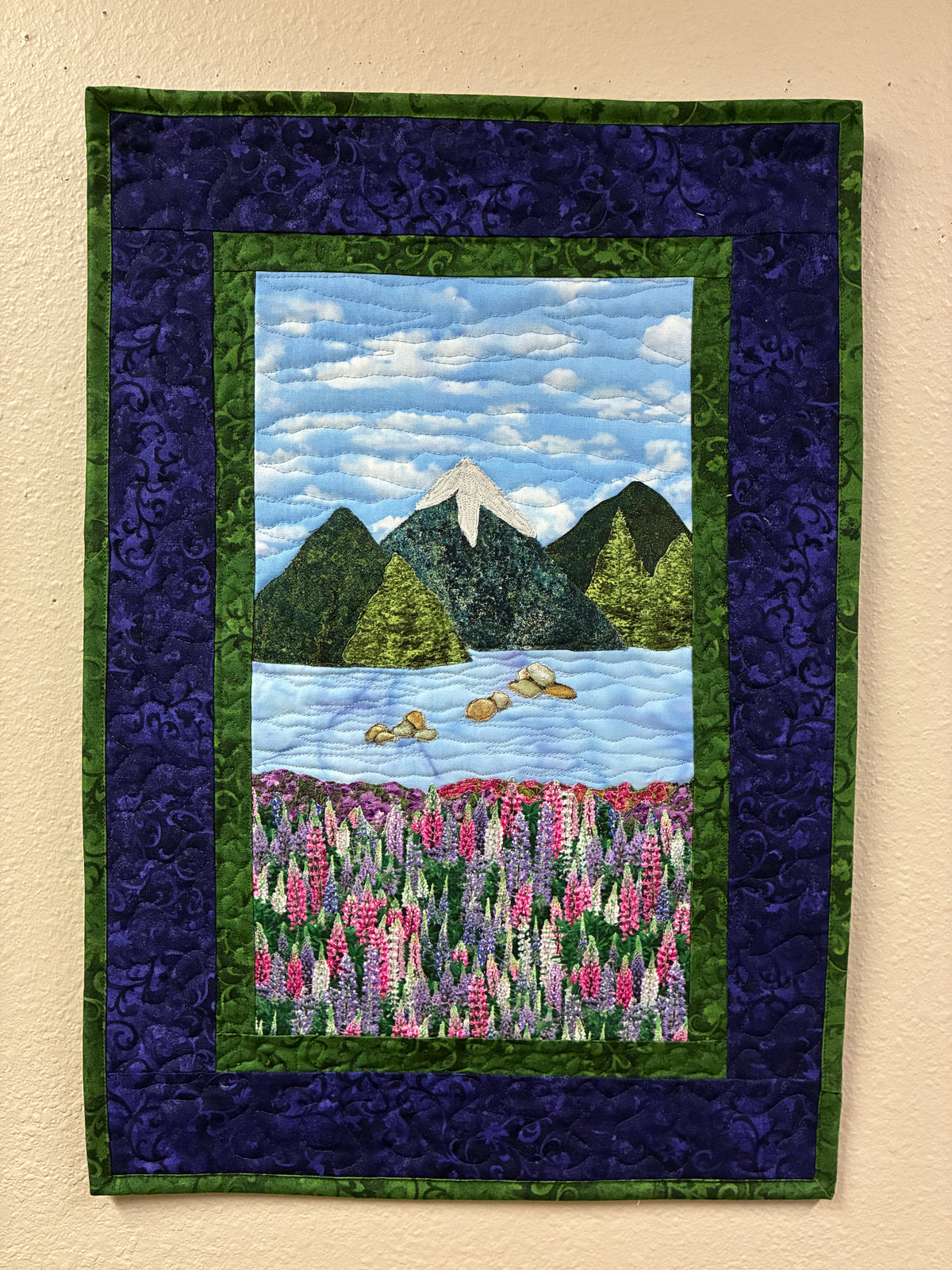 Lupine Mountain Landscape Art Quilt Tapestry, Summer Meadow Fabric Wall Hanging 15x21"