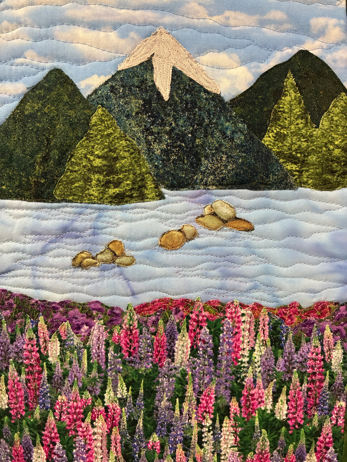 Lupine Mountain Landscape Art Quilt Tapestry, Summer Meadow Fabric Wall Hanging 15x21"