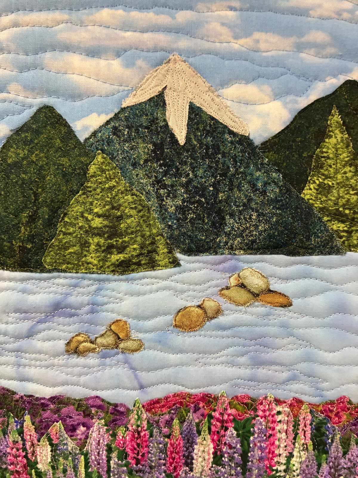 Lupine Mountain Landscape Art Quilt Tapestry, Summer Meadow Fabric Wall Hanging 15x21"