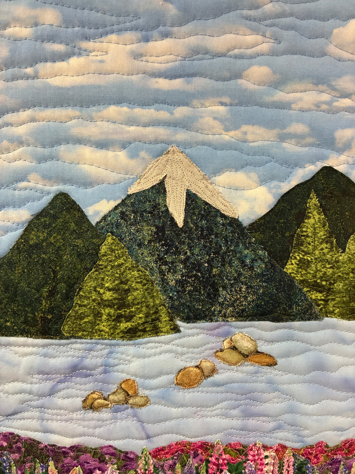 Lupine Mountain Landscape Art Quilt Tapestry, Summer Meadow Fabric Wall Hanging 15x21"