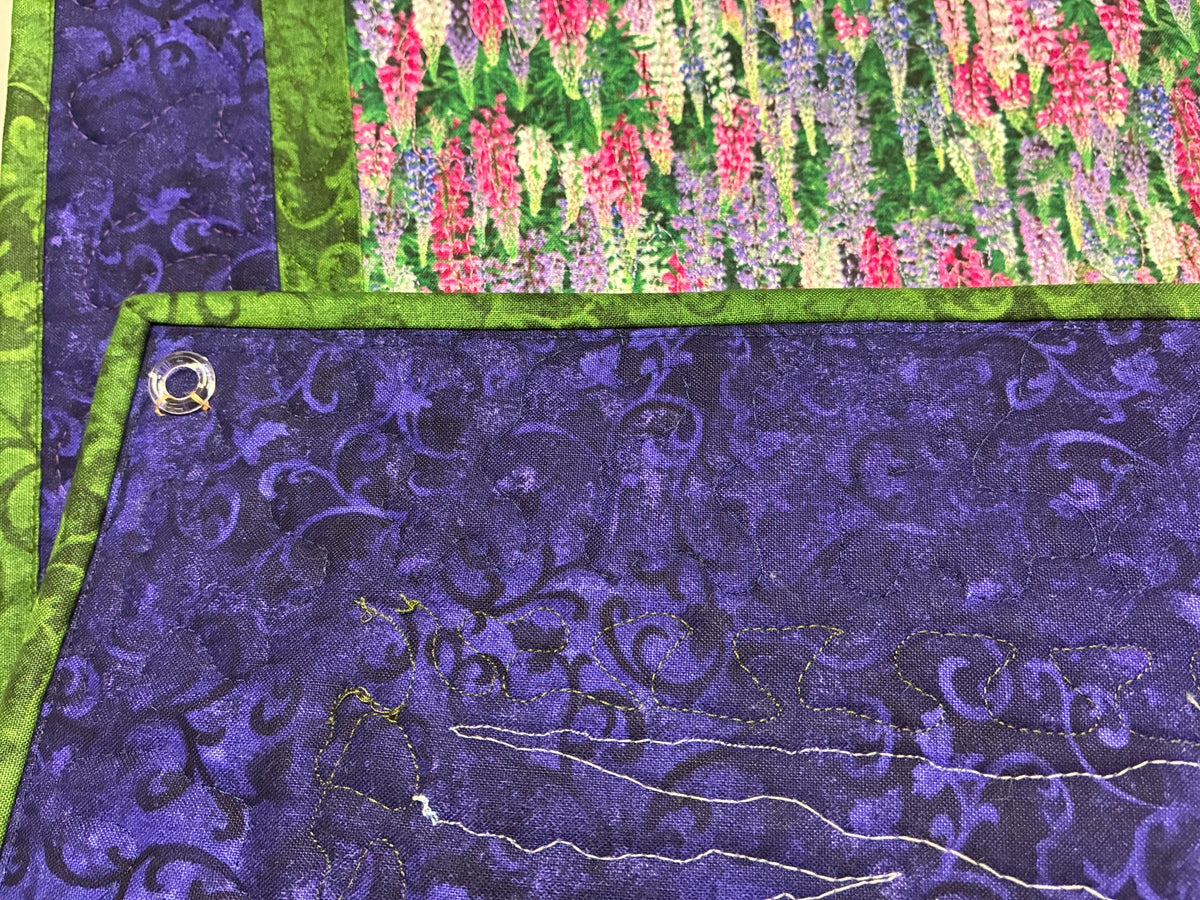 Lupine Mountain Landscape Art Quilt Tapestry, Summer Meadow Fabric Wall Hanging 15x21"