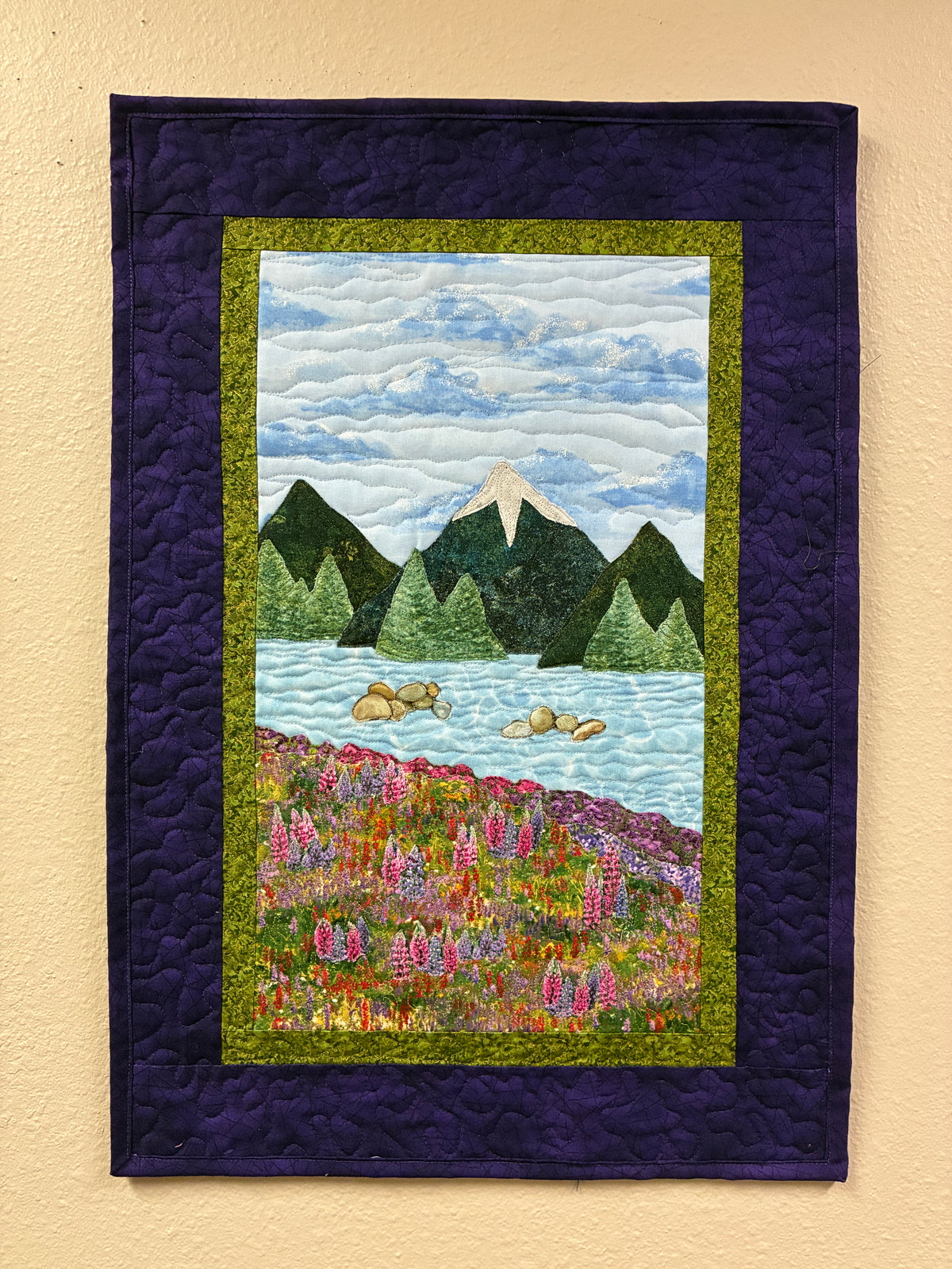 Purple Lupine Lake Mountain Fabric Wall Hanging, Alpine Landscape Art Quilt Tapestry 17x24"