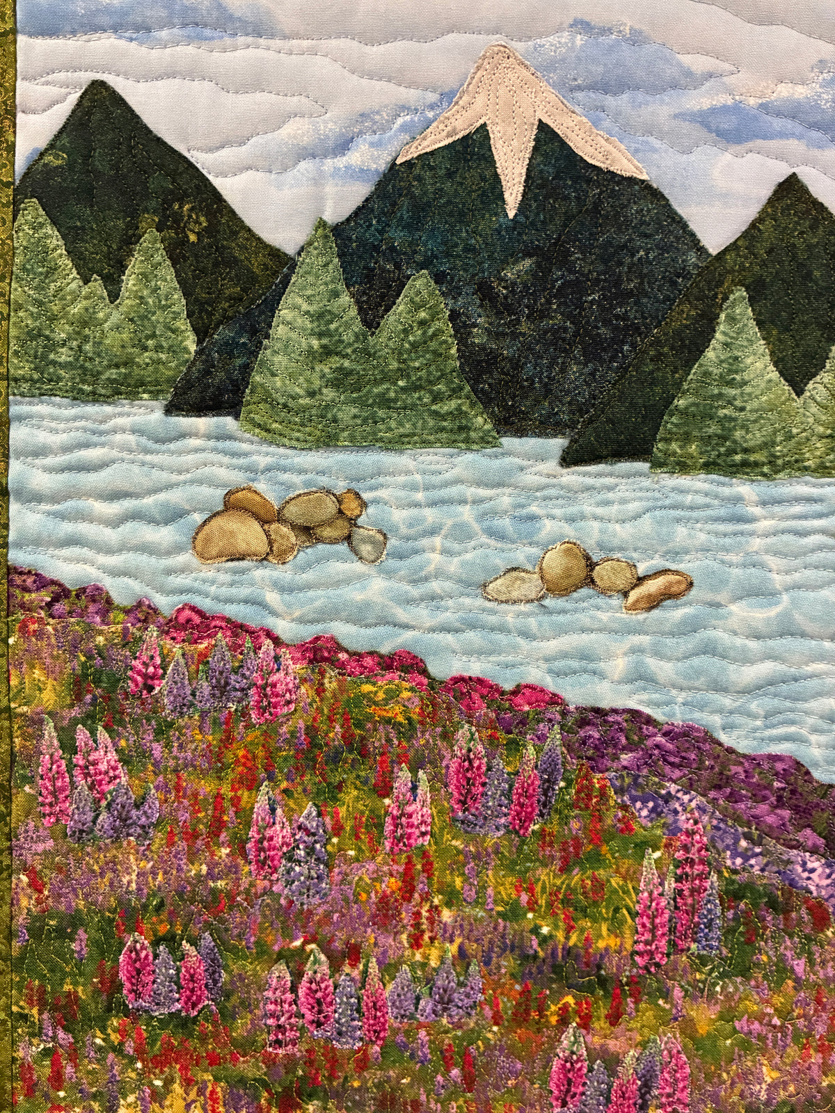 Purple Lupine Lake Mountain Fabric Wall Hanging, Alpine Landscape Art Quilt Tapestry 17x24"