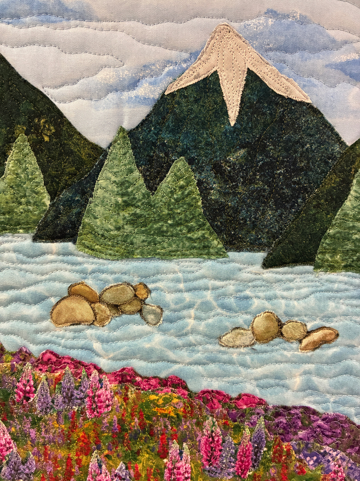 Purple Lupine Lake Mountain Fabric Wall Hanging, Alpine Landscape Art Quilt Tapestry 17x24"