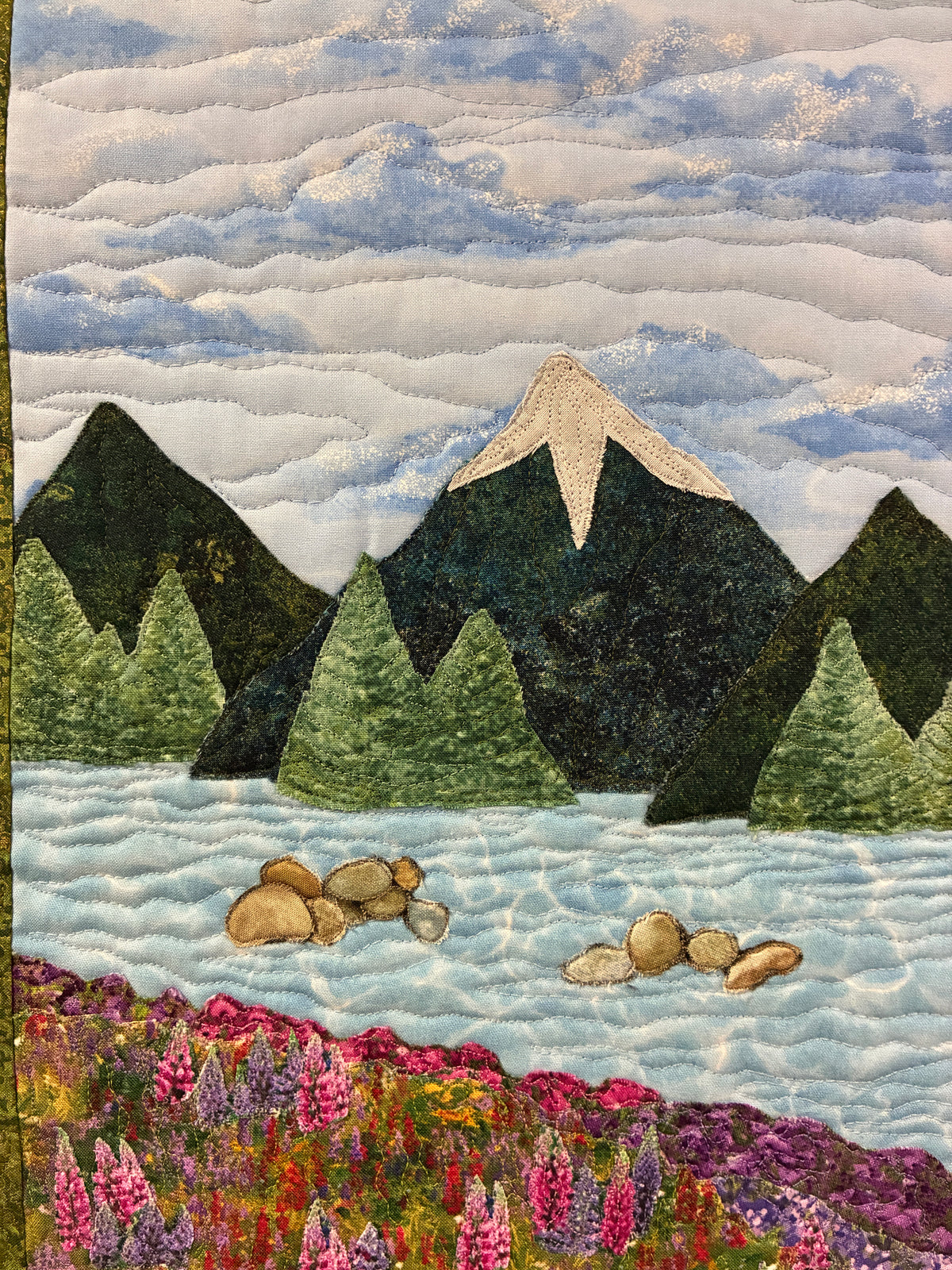 Purple Lupine Lake Mountain Fabric Wall Hanging, Alpine Landscape Art Quilt Tapestry 17x24"