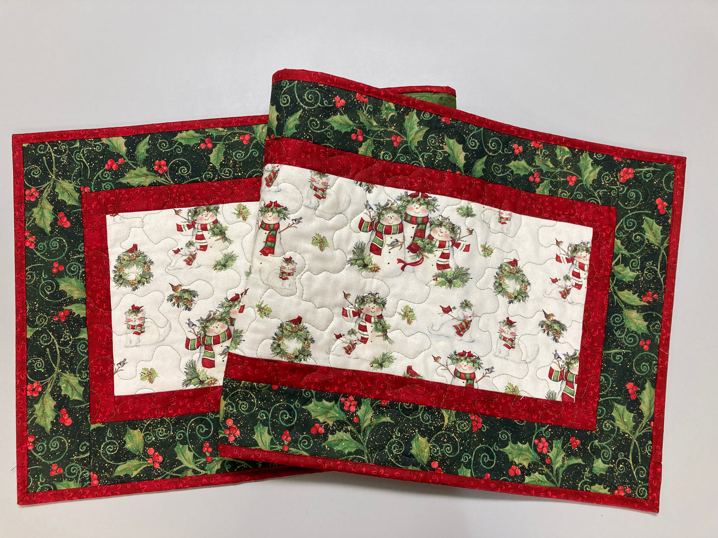 Snowman Christmas Winter Dining or Coffee Table Runner, 16x48" Quilted, Reversible, Snowflakes Birds Cats Children Whimsical, Wide Handmade