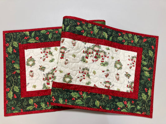 Snowman Christmas Winter Dining or Coffee Table Runner, 16x48" Quilted, Reversible, Snowflakes Birds Cats Children Whimsical, Wide Handmade