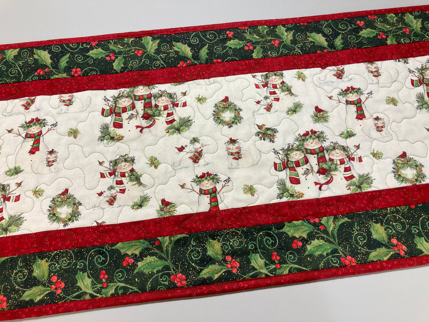Snowman Christmas Winter Dining or Coffee Table Runner, 16x48" Quilted, Reversible, Snowflakes Birds Cats Children Whimsical, Wide Handmade