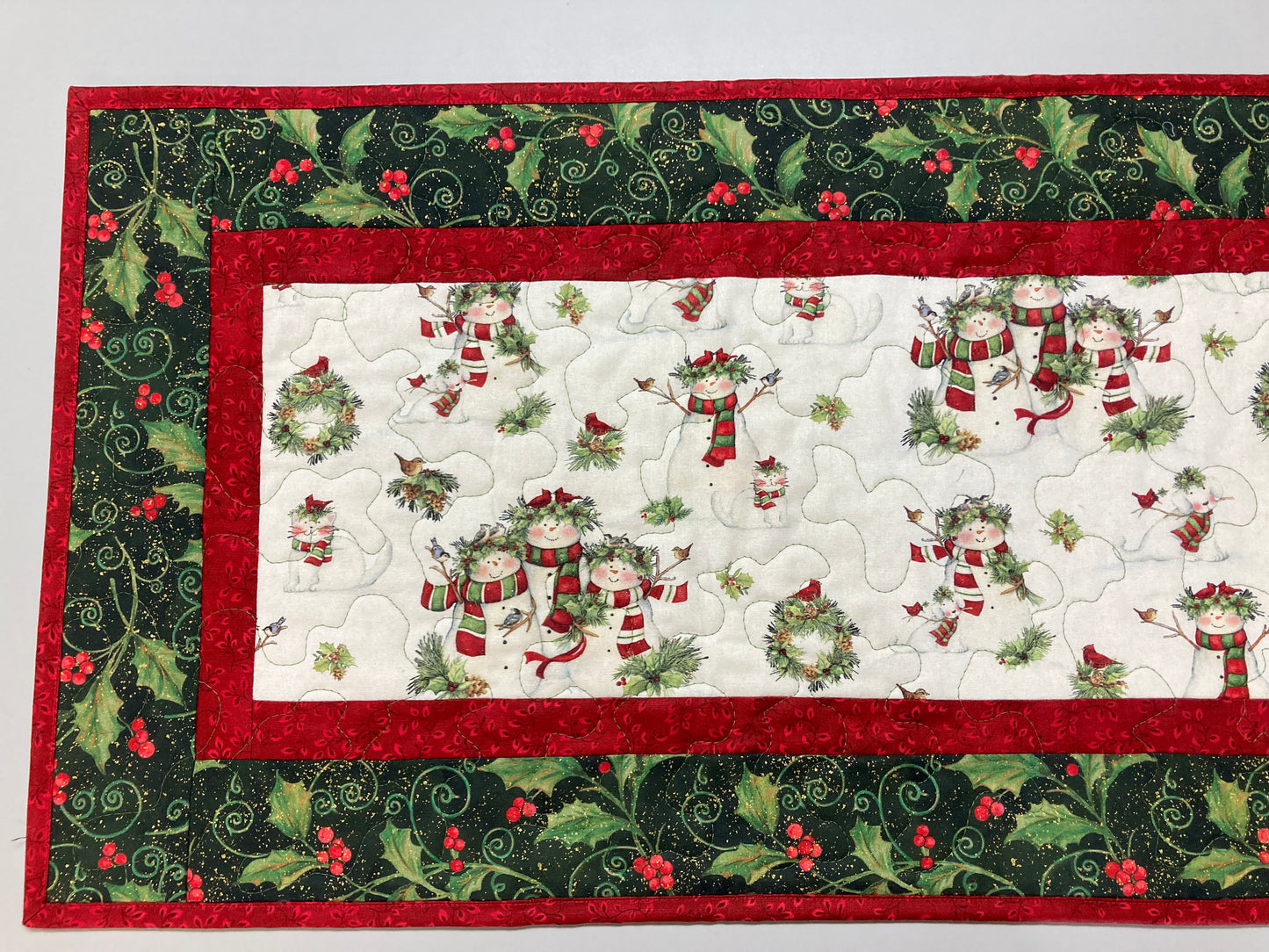 Snowman Christmas Winter Dining or Coffee Table Runner, 16x48" Quilted, Reversible, Snowflakes Birds Cats Children Whimsical, Wide Handmade