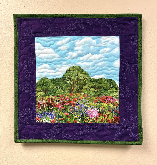 Wildflower Summer Trees Lake Landscape Art, Quilted Tapestry 15x15" Original Handmade