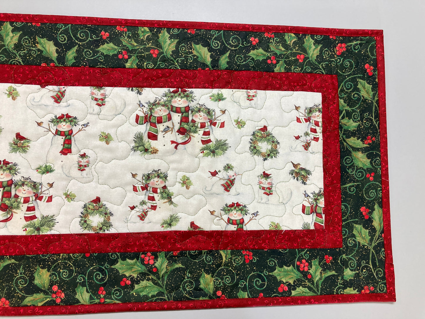 Snowman Christmas Winter Dining or Coffee Table Runner, 16x48" Quilted, Reversible, Snowflakes Birds Cats Children Whimsical, Wide Handmade