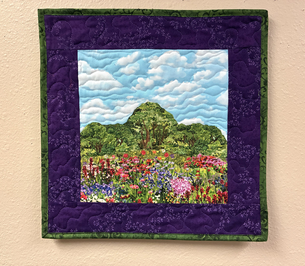 Wildflower Summer Trees Lake Landscape Art, Quilted Tapestry 15x15" Original Handmade
