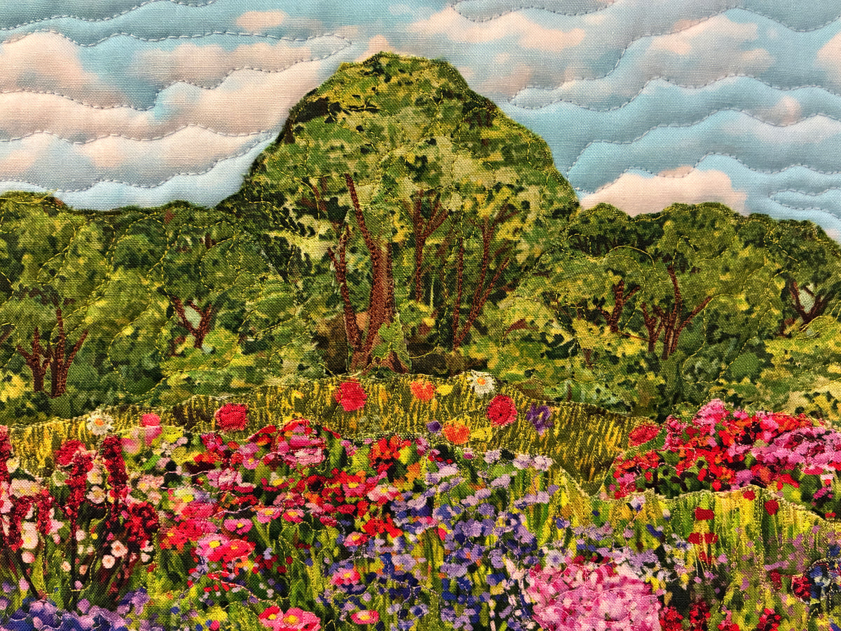 Wildflower Summer Trees Lake Landscape Art, Quilted Tapestry 15x15" Original Handmade