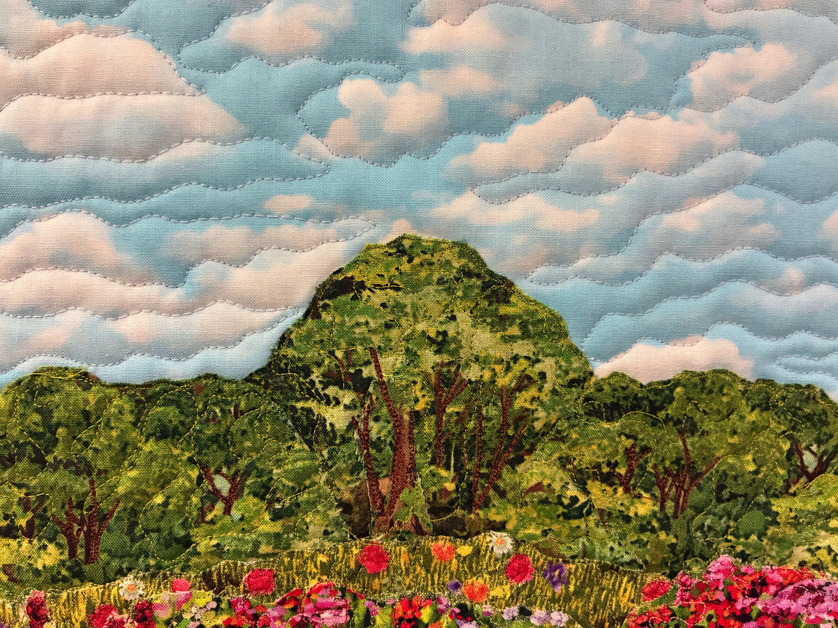 Wildflower Summer Trees Lake Landscape Art, Quilted Tapestry 15x15" Original Handmade