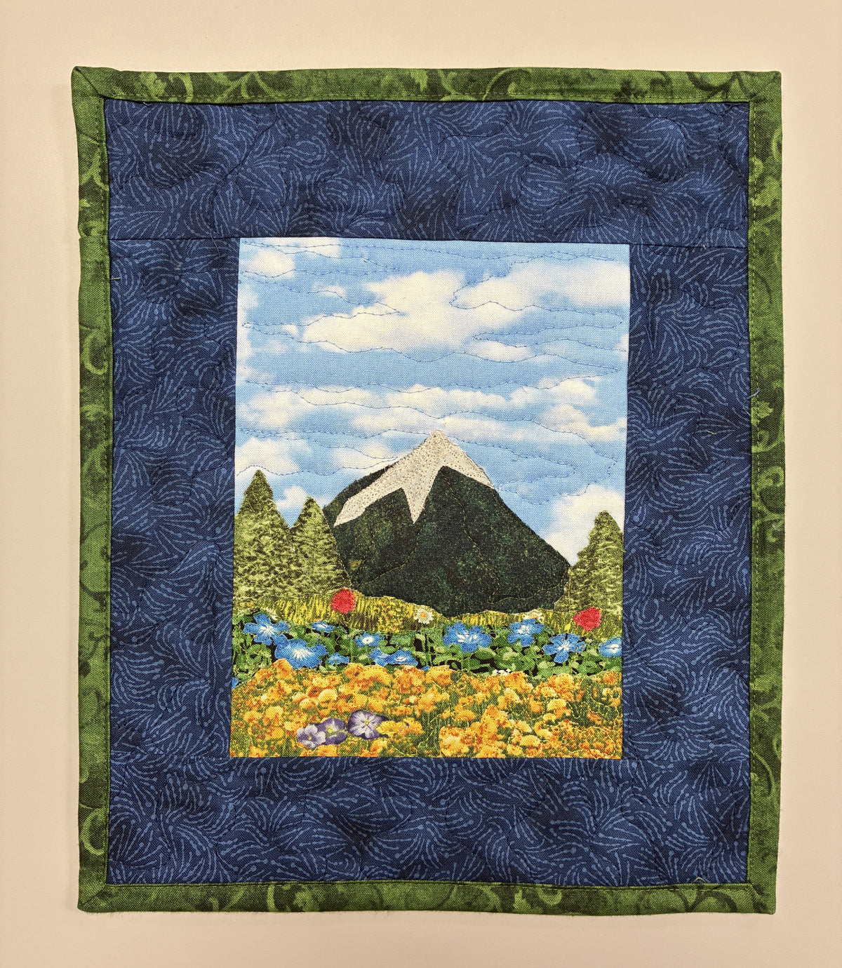 Summer Blue Yellow Wild flowers Art, Quilted Tapestry 10x12",  Small Fabric Wall Hanging Handmade