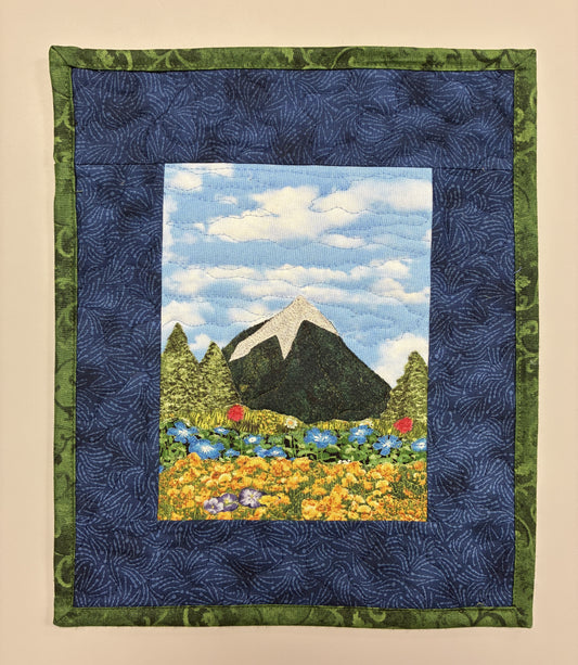 Summer Blue Yellow Wild flowers Art, Quilted Tapestry 10x12",  Small Fabric Wall Hanging Handmade