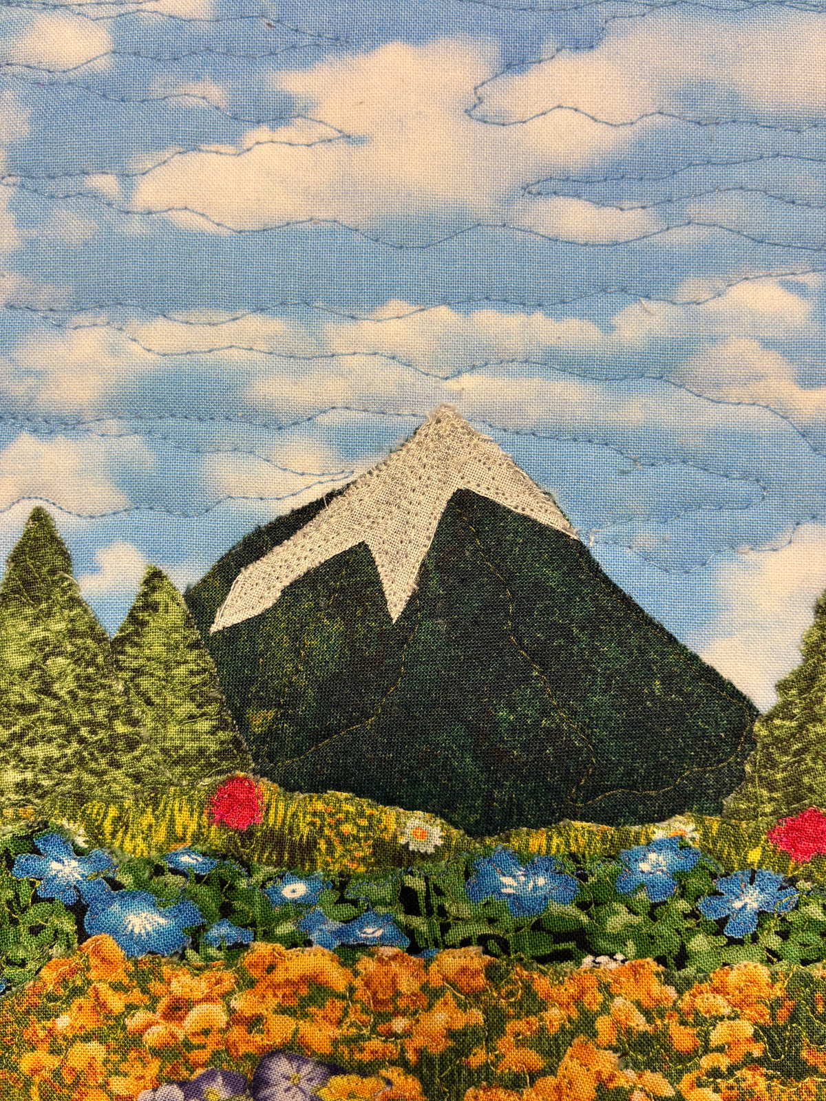 Summer Blue Yellow Wild flowers Art, Quilted Tapestry 10x12",  Small Fabric Wall Hanging Handmade