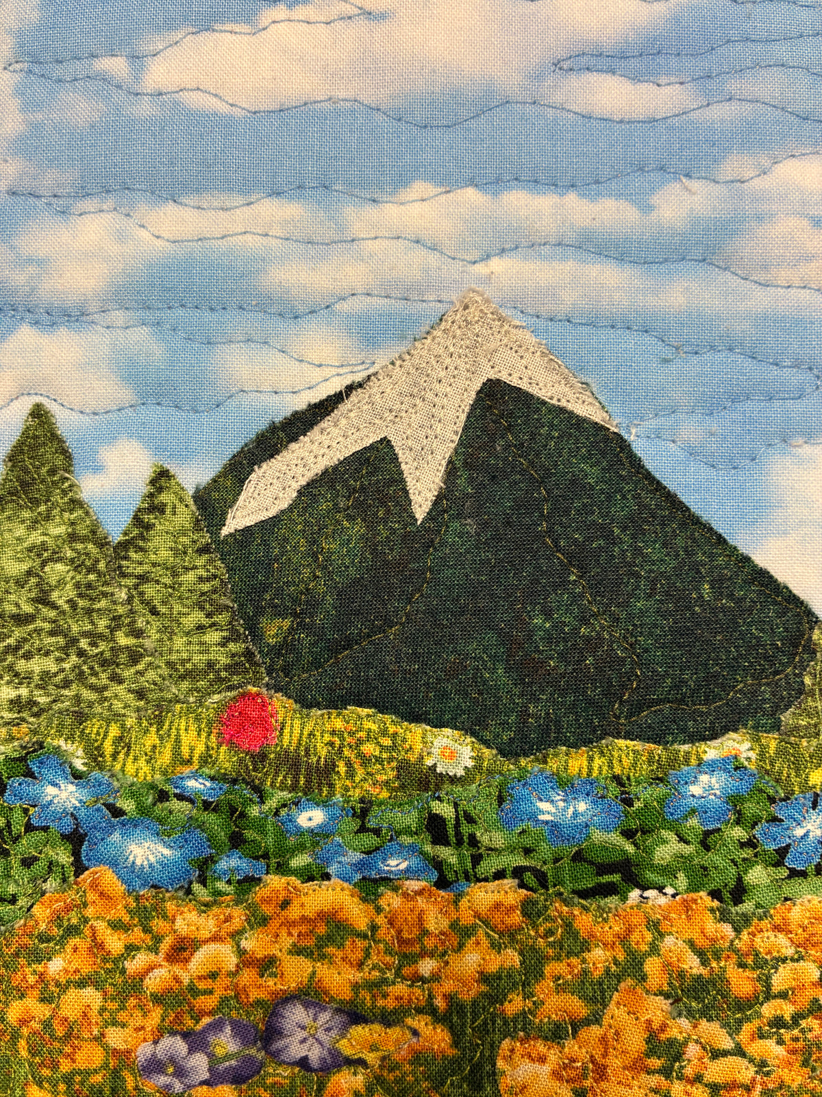Summer Blue Yellow Wild flowers Art, Quilted Tapestry 10x12",  Small Fabric Wall Hanging Handmade