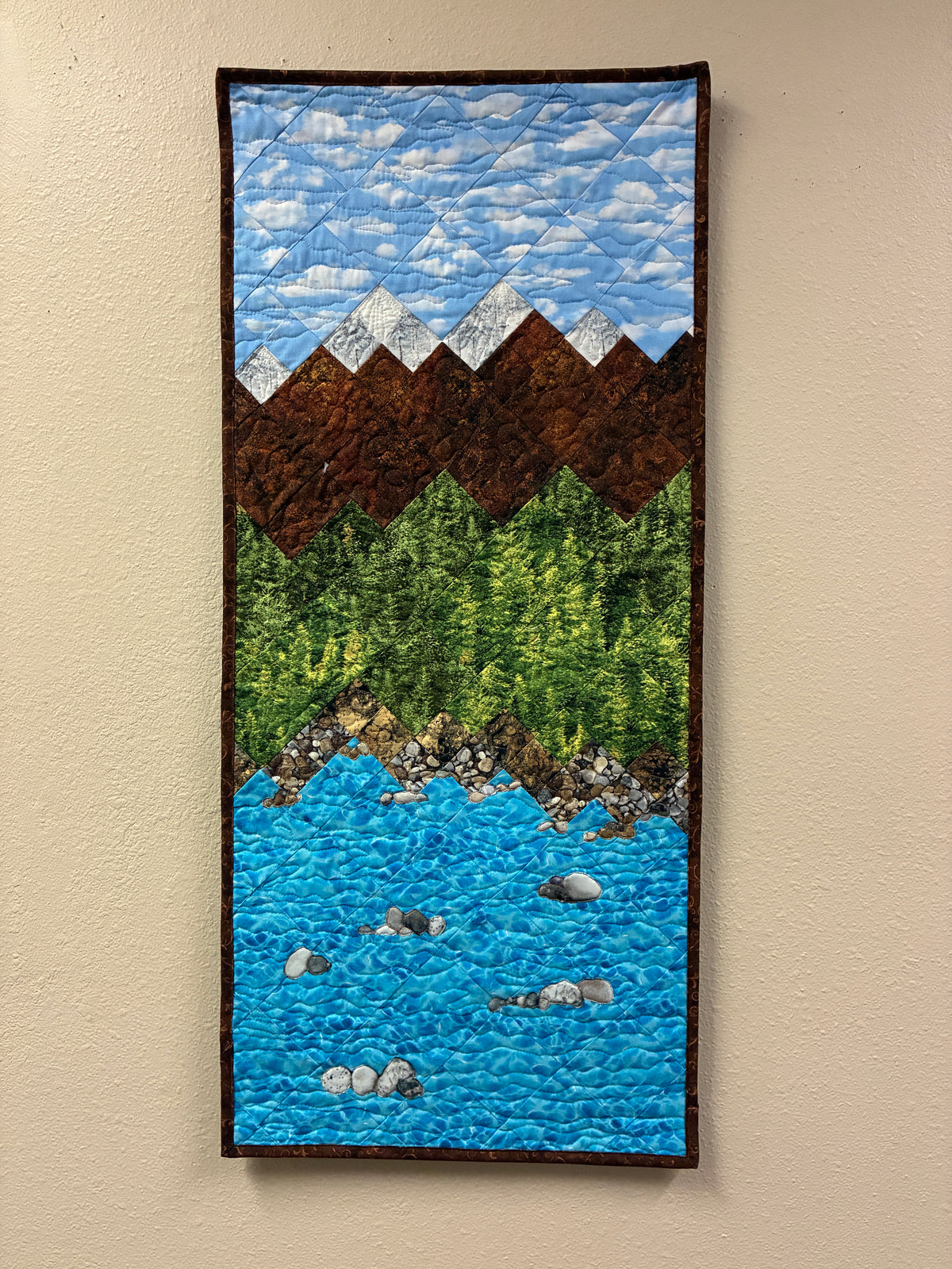 Lake Tahoe Art Quilt Fabric Wall Hanging Tapestry,  Landscape Scenic Mountain 17x38"