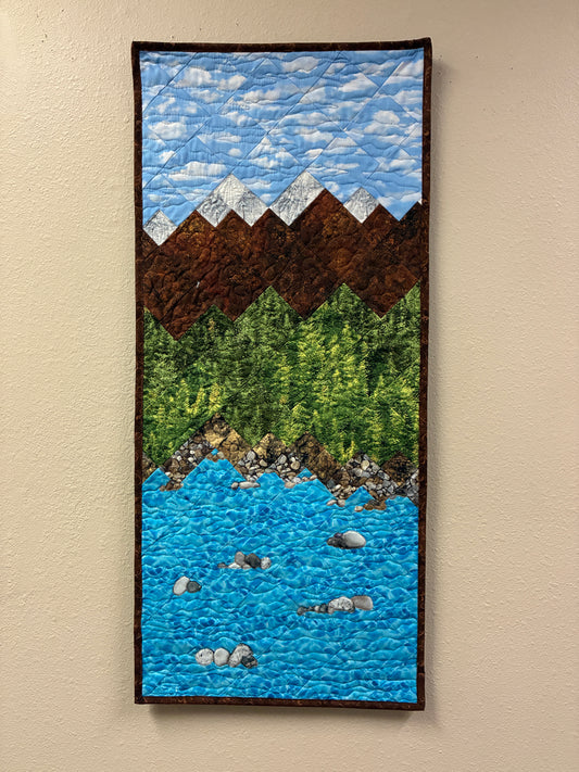 Lake Tahoe Art Quilt Fabric Wall Hanging Tapestry,  Landscape Scenic Mountain 17x38"