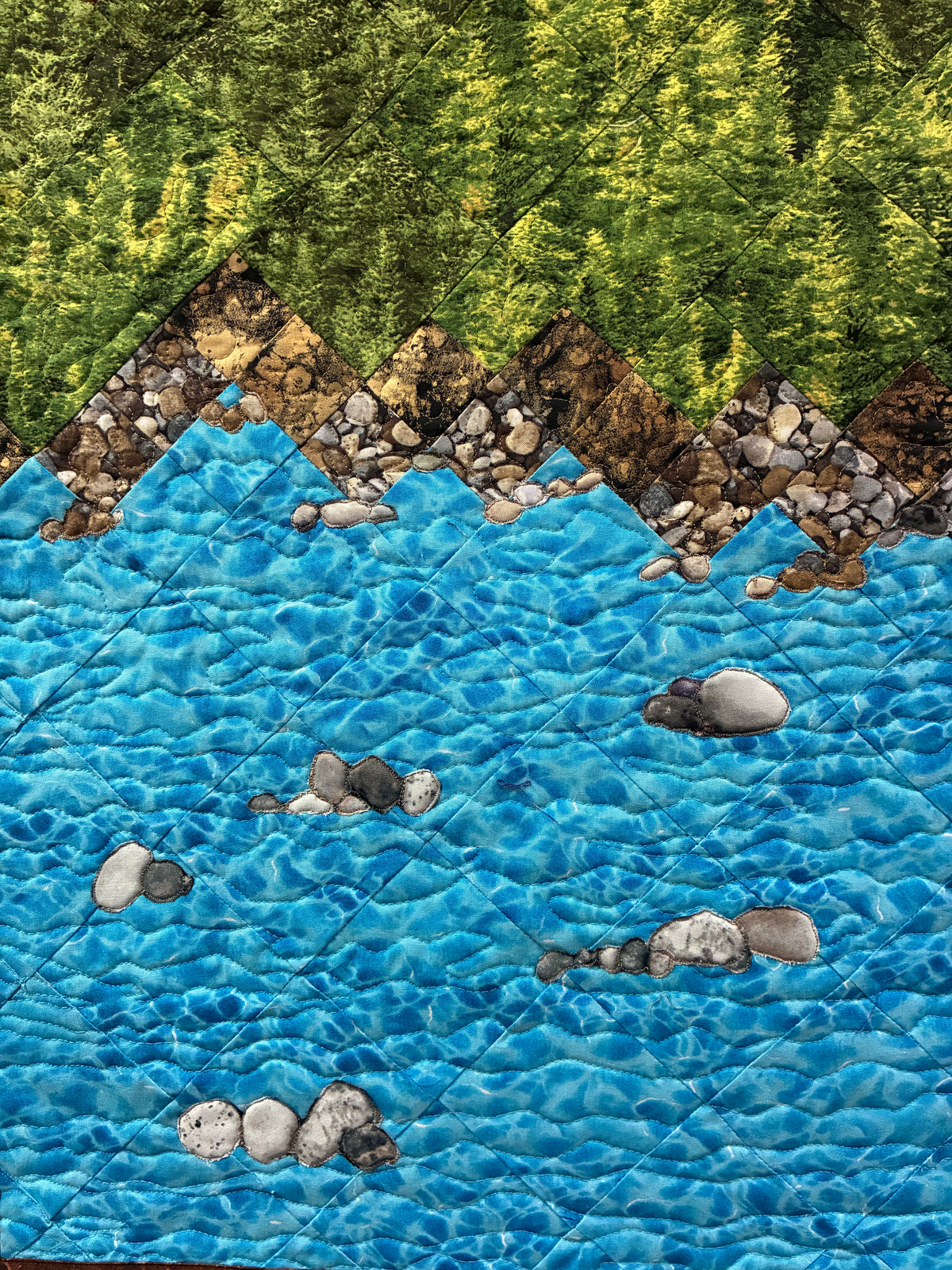 Lake Tahoe Art Quilt Fabric Wall Hanging Tapestry,  Landscape Scenic Mountain 17x38"