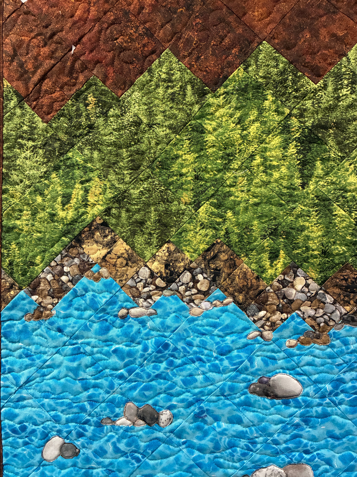 Lake Tahoe Art Quilt Fabric Wall Hanging Tapestry,  Landscape Scenic Mountain 17x38"