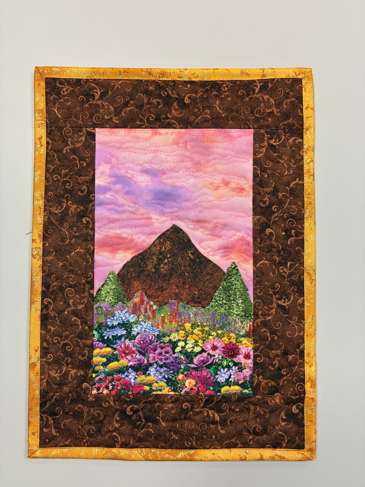 Sunset Wildflower Meadow Mountain Landscape Art Quilt, Textile Art 11x15", Tapestry Small Artwork