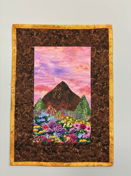 Sunset Wildflower Meadow Mountain Landscape Art Quilt, Textile Art 11x15", Tapestry Small Artwork