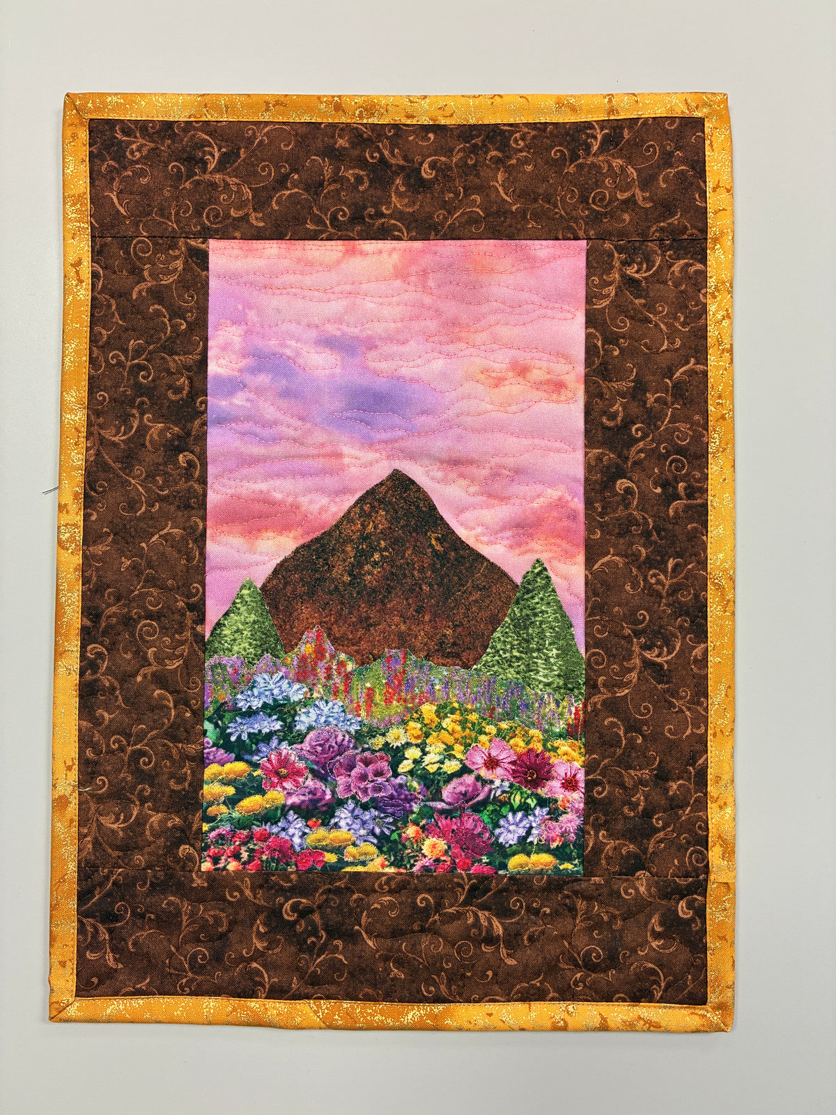 Sunset Wildflower Meadow Mountain Landscape Art Quilt, Textile Art 11x15", Tapestry Small Artwork