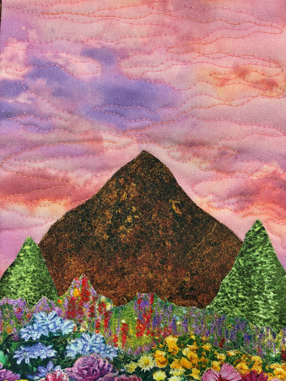 Sunset Wildflower Meadow Mountain Landscape Art Quilt, Textile Art 11x15", Tapestry Small Artwork