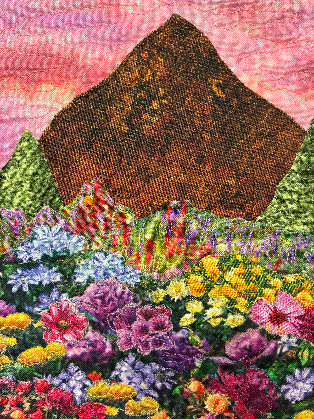 Sunset Wildflower Meadow Mountain Landscape Art Quilt, Textile Art 11x15", Tapestry Small Artwork