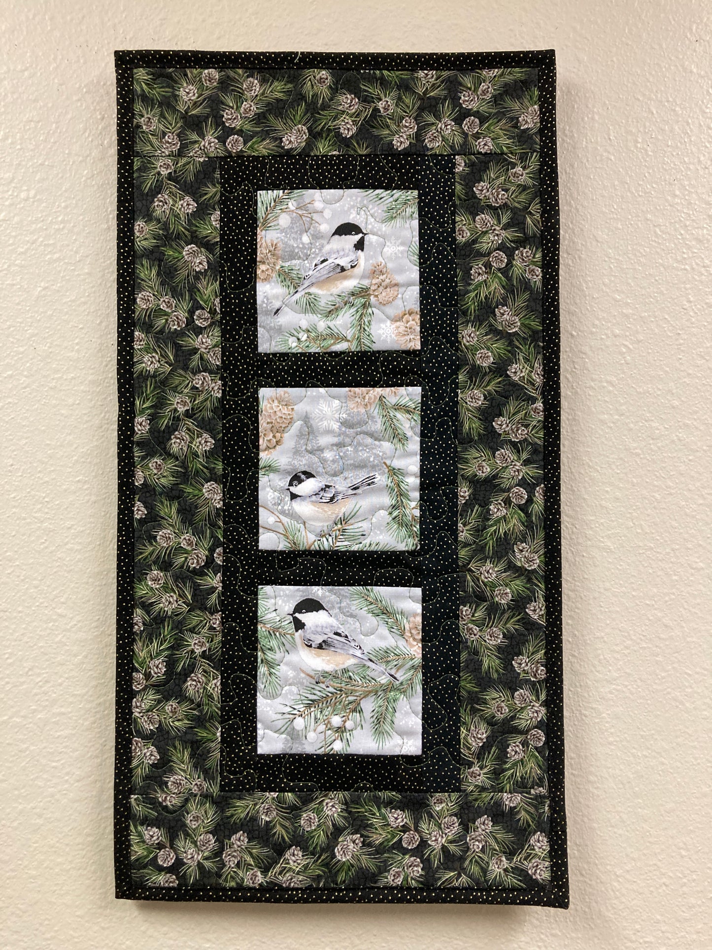 Chickadees on Winter Pine Cones Bird Quilted Wall Hanging, 12x23", Vertical Narrow, Mountain Cabin Decor, Bird Lover Gift Woods Handmade