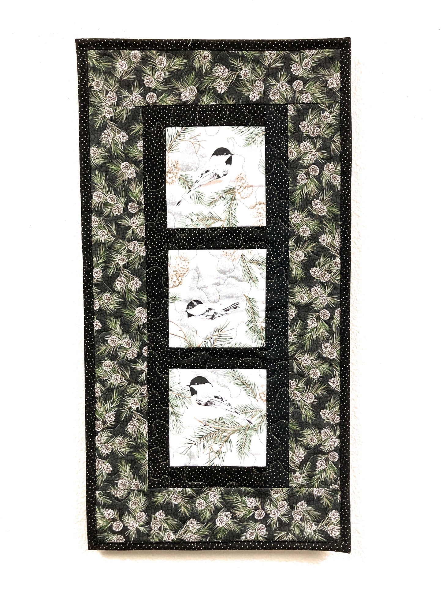 Chickadees on Winter Pine Cones Bird Quilted Wall Hanging, 12x23", Vertical Narrow, Mountain Cabin Decor, Bird Lover Gift Woods Handmade