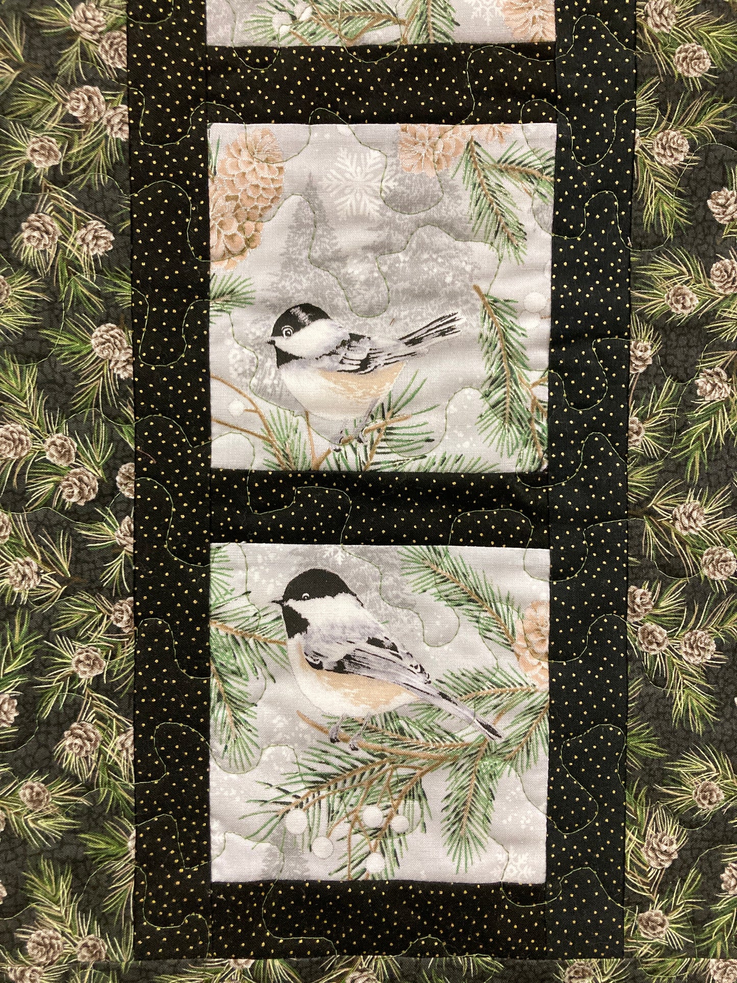 Chickadees on Winter Pine Cones Bird Quilted Wall Hanging, 12x23", Vertical Narrow, Mountain Cabin Decor, Bird Lover Gift Woods Handmade