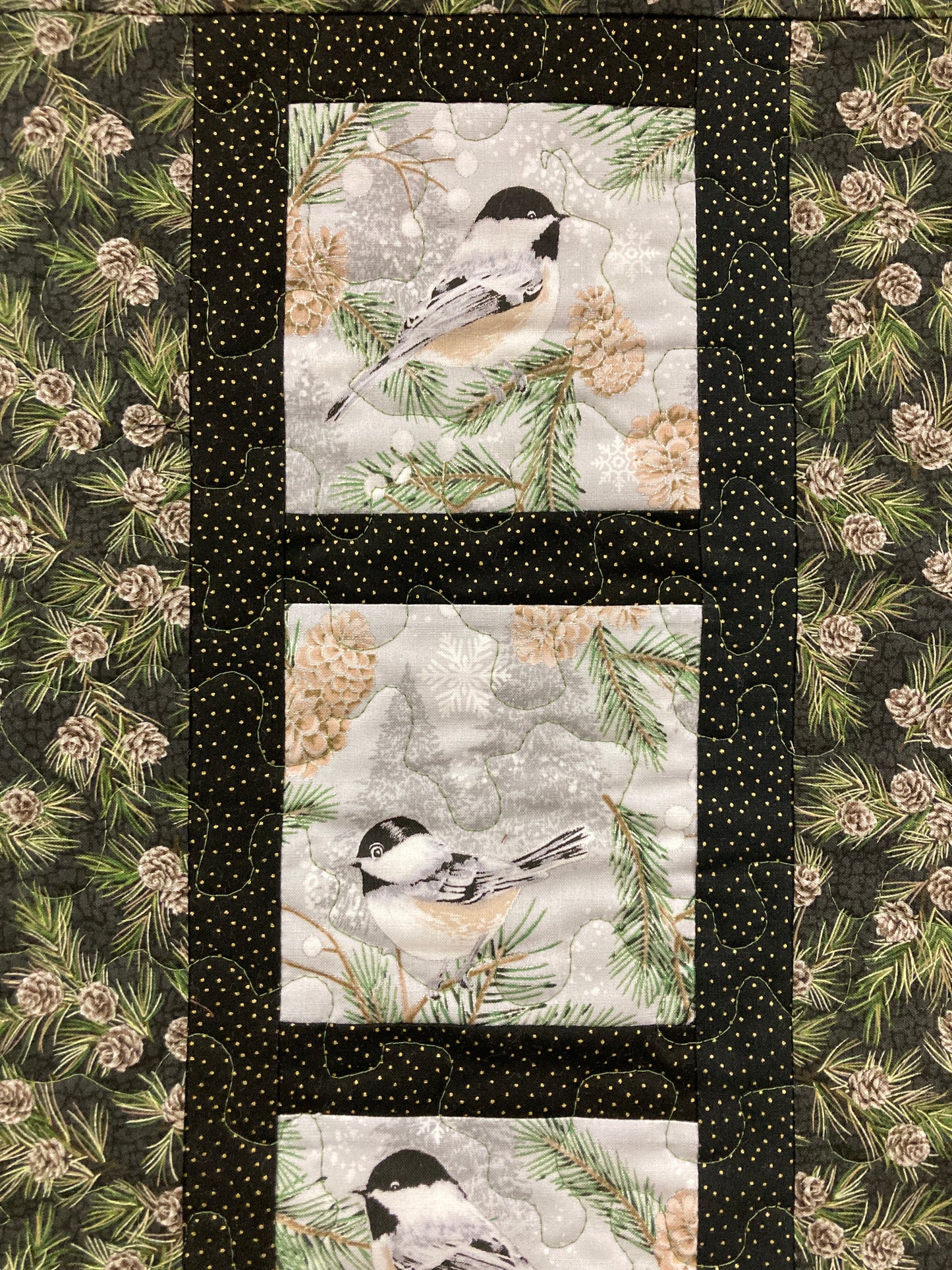 Chickadees on Winter Pine Cones Bird Quilted Wall Hanging, 12x23", Vertical Narrow, Mountain Cabin Decor, Bird Lover Gift Woods Handmade
