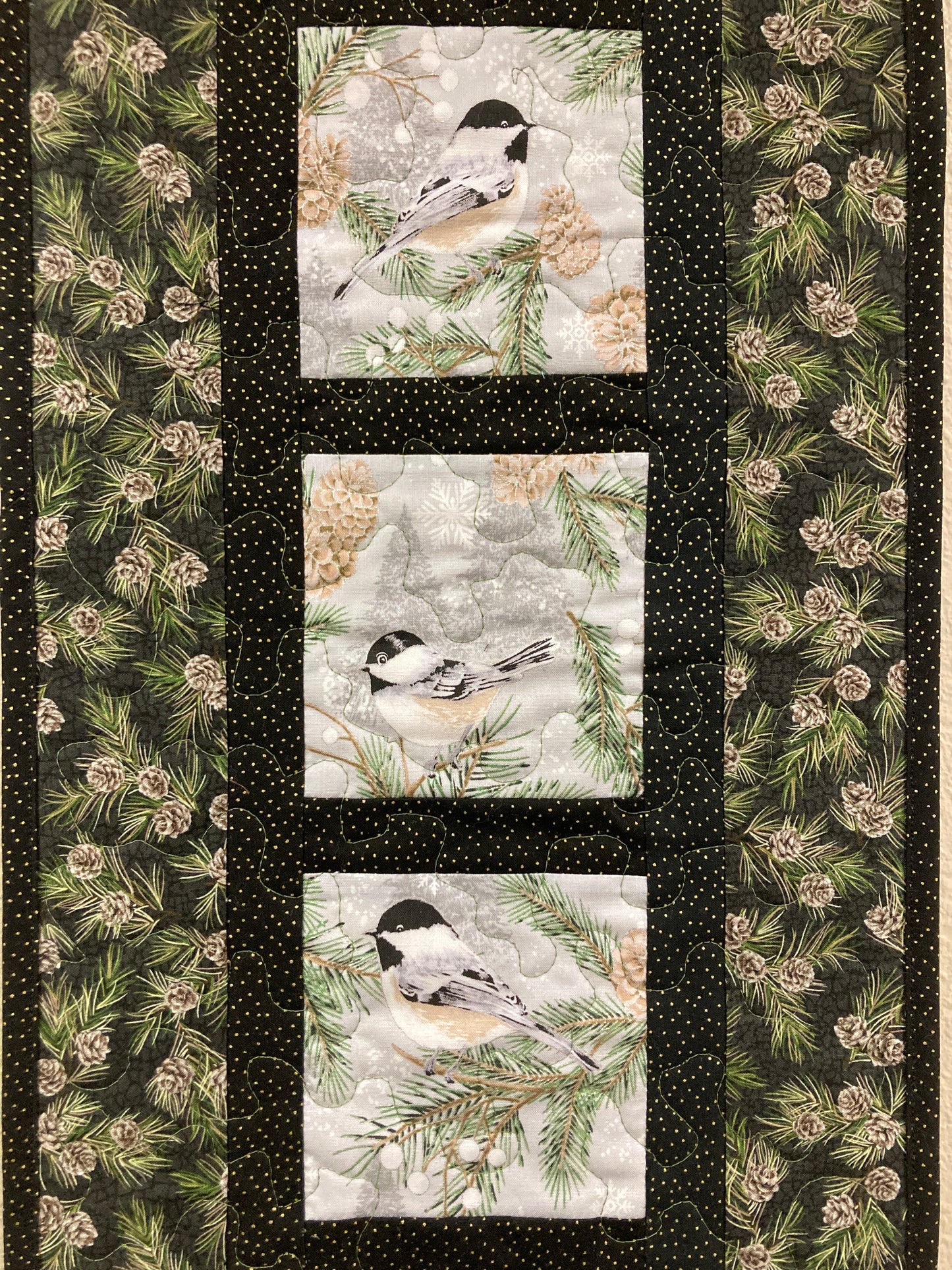 Chickadees on Winter Pine Cones Bird Quilted Wall Hanging, 12x23", Vertical Narrow, Mountain Cabin Decor, Bird Lover Gift Woods Handmade