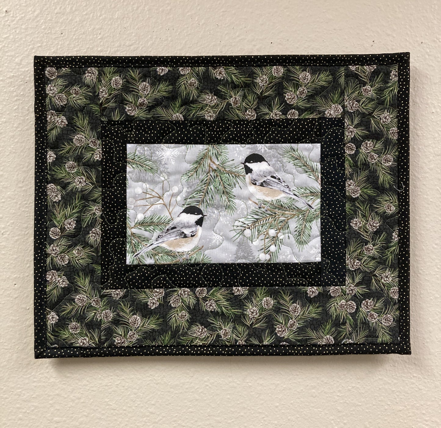 Chickadees on Winter Pine Cones Bird Quilted Wall Hanging, 12x15", Vertical Narrow, Mountain Cabin Decor, Bird Lover Gift Woods Handmade