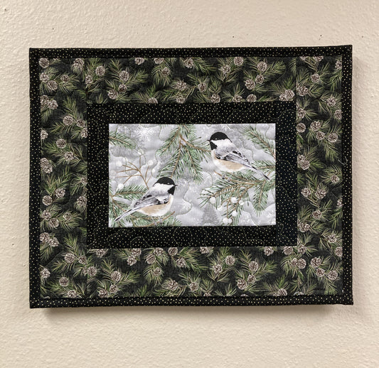 Chickadees on Winter Pine Cones Bird Quilted Wall Hanging, 12x15", Vertical Narrow, Mountain Cabin Decor, Bird Lover Gift Woods Handmade