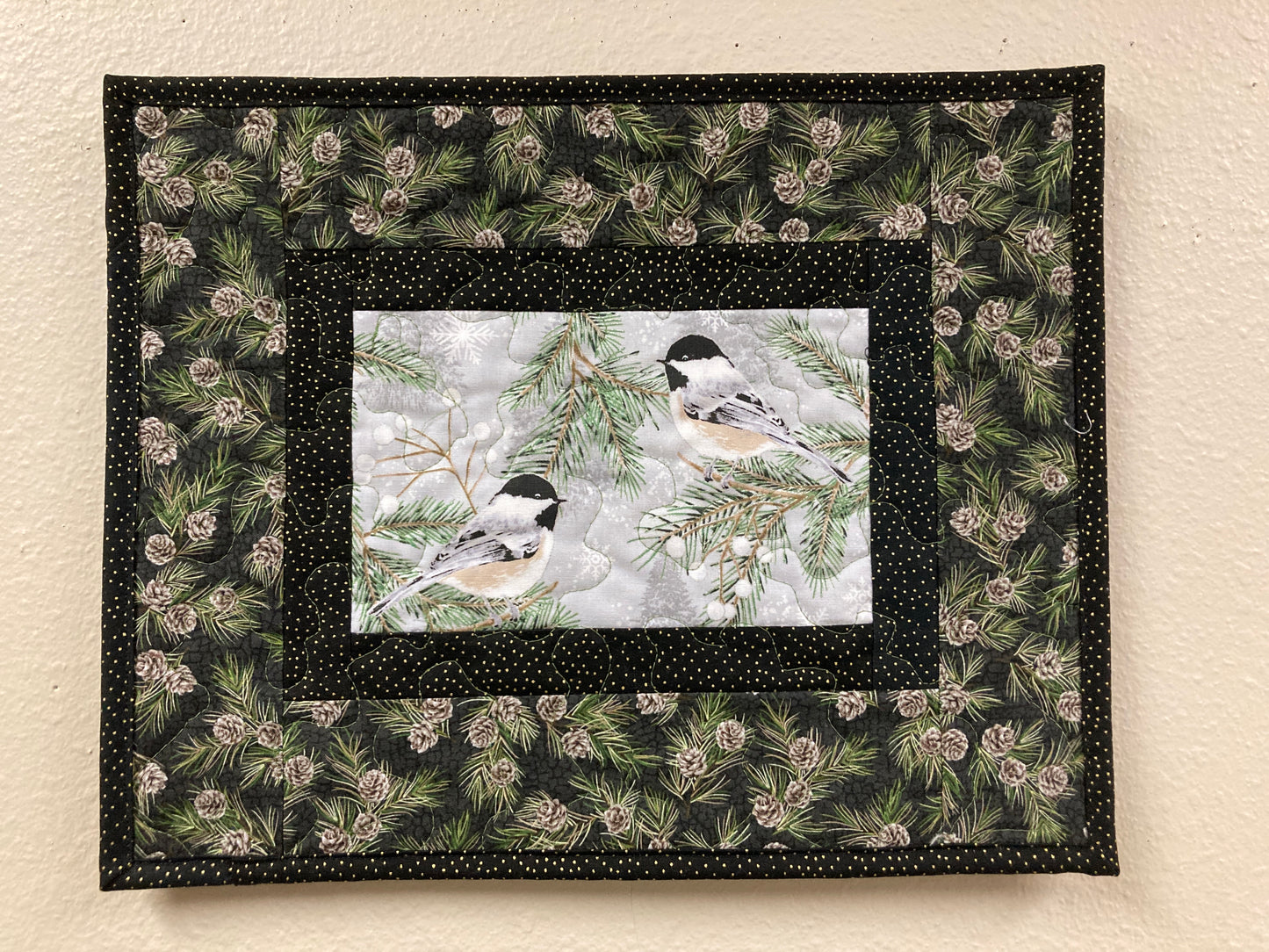 Chickadees on Winter Pine Cones Bird Quilted Wall Hanging, 12x15", Vertical Narrow, Mountain Cabin Decor, Bird Lover Gift Woods Handmade
