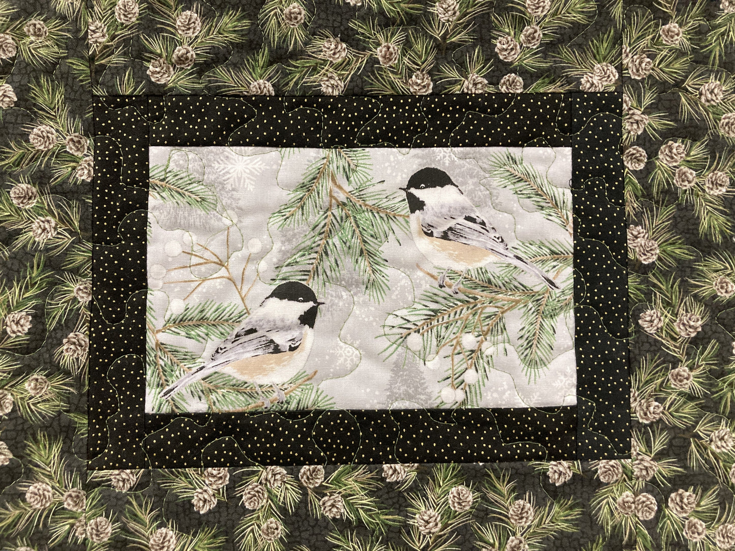 Chickadees on Winter Pine Cones Bird Quilted Wall Hanging, 12x15", Vertical Narrow, Mountain Cabin Decor, Bird Lover Gift Woods Handmade