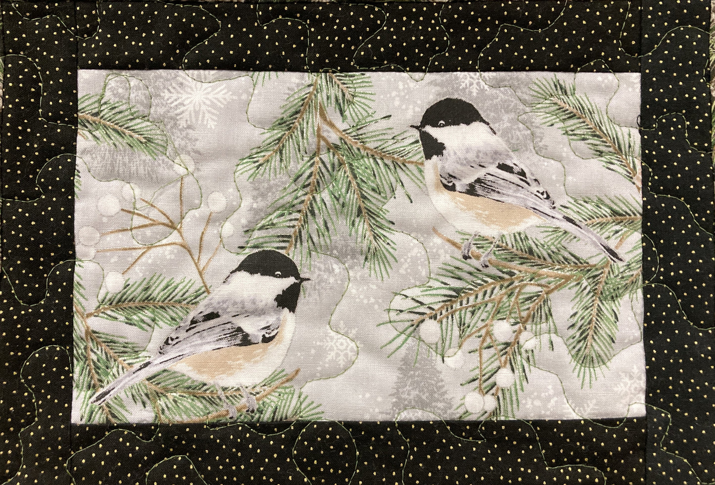 Chickadees on Winter Pine Cones Bird Quilted Wall Hanging, 12x15", Vertical Narrow, Mountain Cabin Decor, Bird Lover Gift Woods Handmade