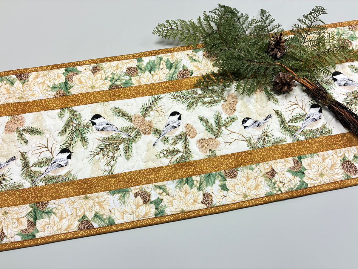 Mountain Chickadees and White Poinsettias Quilted Table Runner, 13x48" Winter Everyday