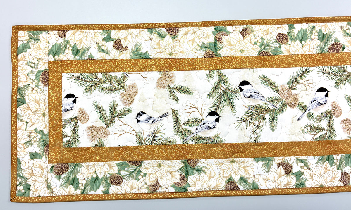 Mountain Chickadees and White Poinsettias Quilted Table Runner, 13x48" Winter Everyday