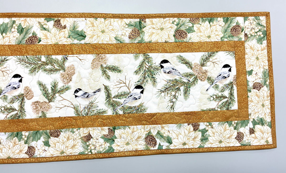 Mountain Chickadees and White Poinsettias Quilted Table Runner, 13x48" Winter Everyday